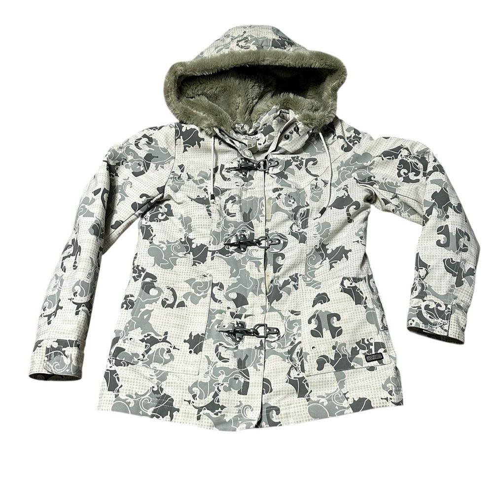 Y2K Oakley Women’s Snowboard Ski Jacket Faux Fur White Camo Print Toggle Size M